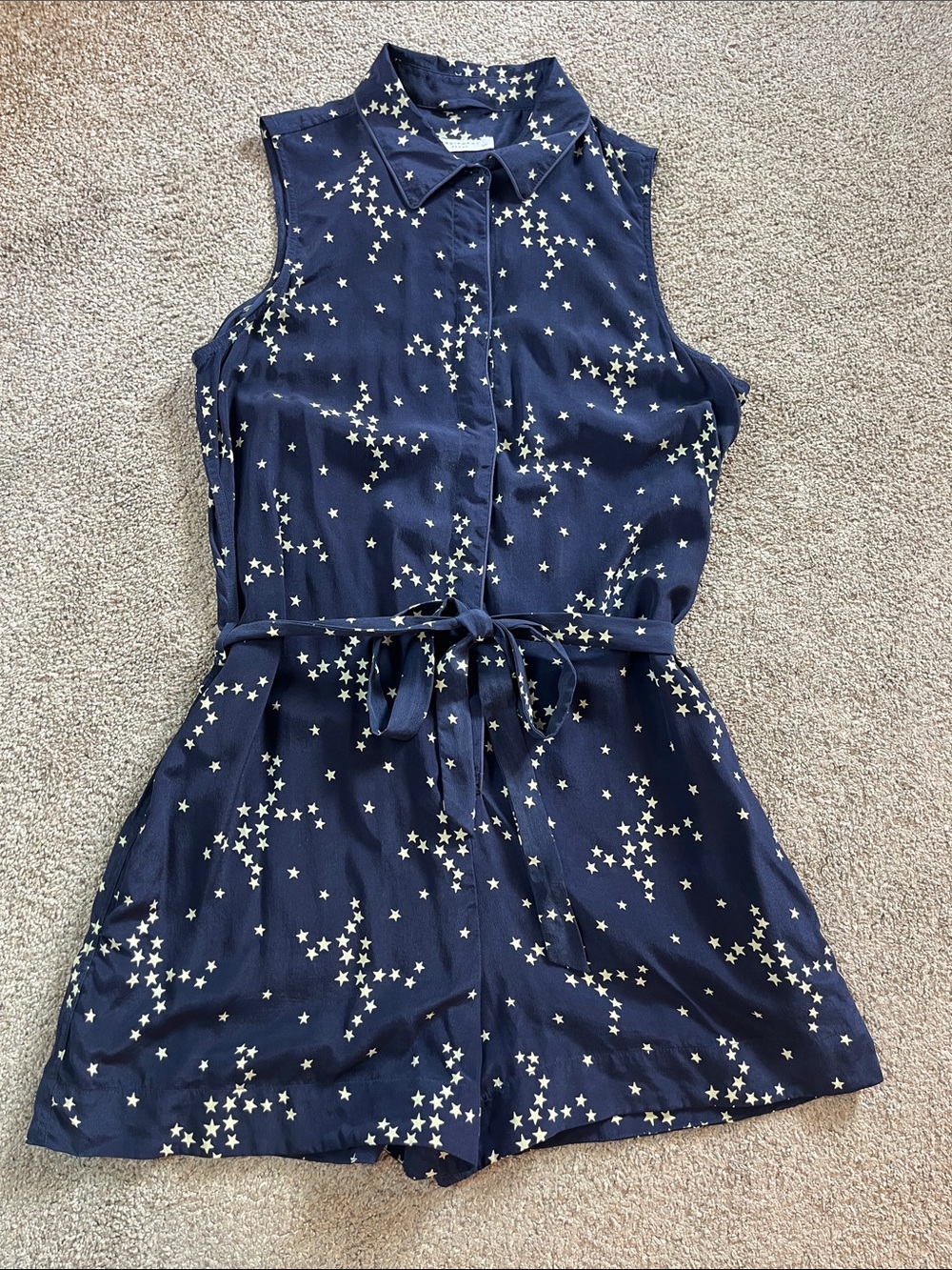 ⭐️⭐️⭐️Equipment 💯%Silk Navy w/ Yellow Stars Night Sky Romper szS EUC!!